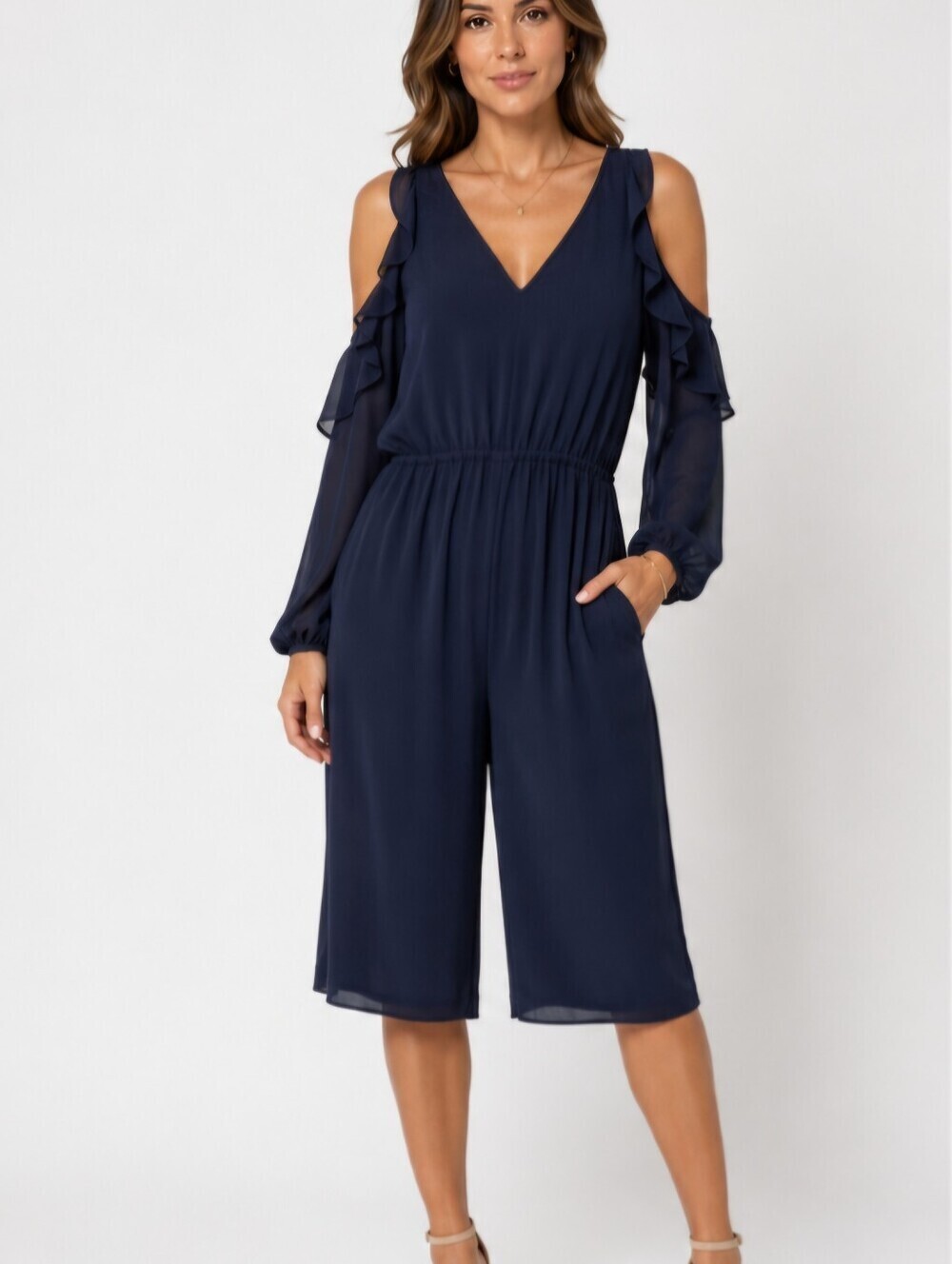 Boho Navy blue wide leg Romper pantsuit, cold shoulder Romantic ruffle  M